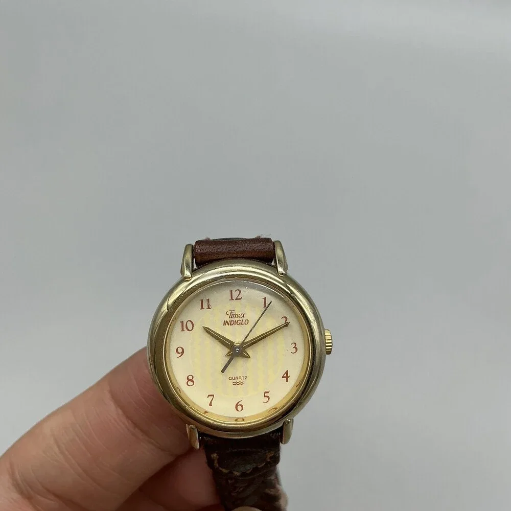 Vintage Timex Indiglo Womens Watch Champagne Dial Brown Leather New Battery